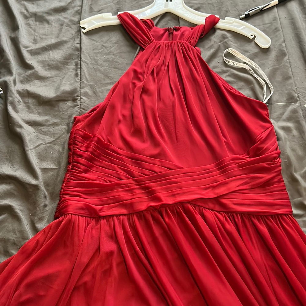 It’s my last bridesmaid dress in candy apple red with sleeves out